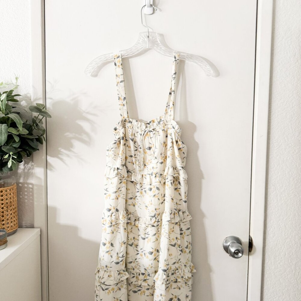 ☀️ THE POST Floral Ruffle Tiered Cream Dress Size Large Spring Cute Cottagecore